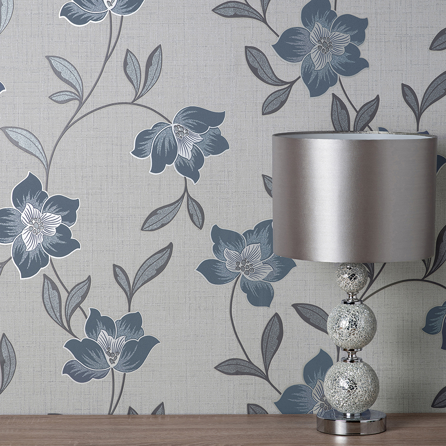 FD43067 Larson Blue Floral Wallpaper by Fine Décor