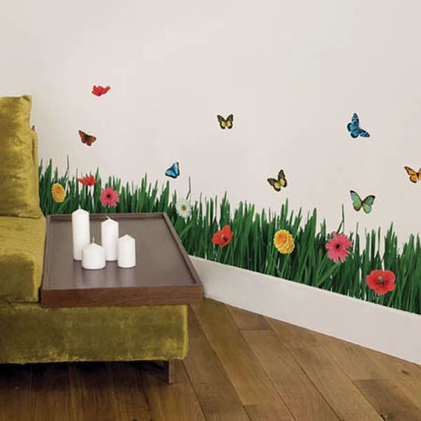 Grass With Butterflies And Flowers Wall Decals