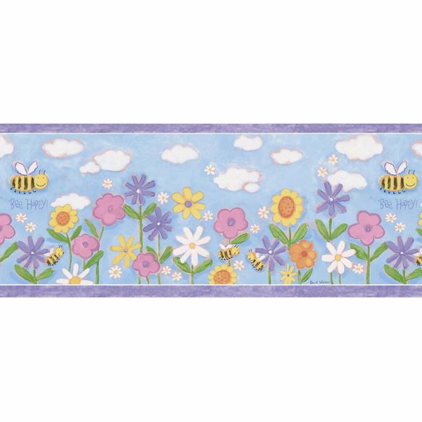 Download 443B49321 Blue Floral Border - Bee Happy - Brewster Wallpaper