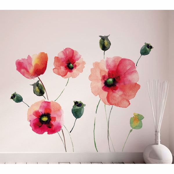 Watercolor Poppies Home D Cor Line Wall Decals - Poppy Flower Wall Decals
