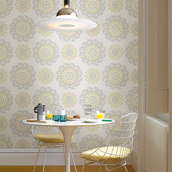 Grey and Yellow Suzani Peel And Stick Wallpaper