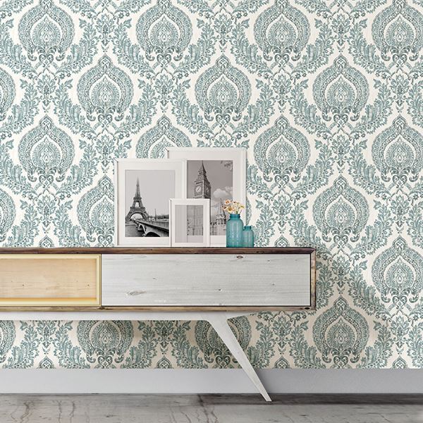 NU1702 - Kensington Damask Blue Peel and Stick Wallpaper - by NuWallpaper