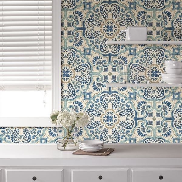 NU2235 Blue Florentine Tile Peel and Stick Wallpaper by NuWallpaper