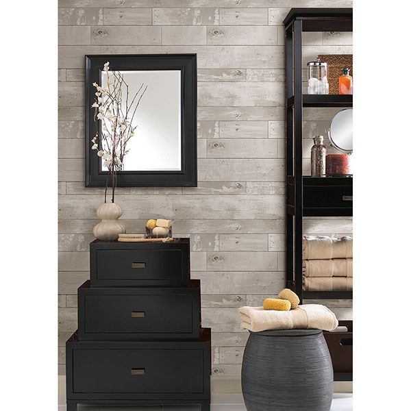 276720131 Harbored Light Grey Distressed Wood Panel Wallpaper by