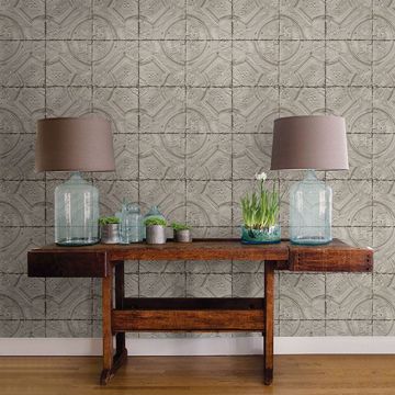 Show details for Susanna Taupe Vintage Tin Tile Wallpaper