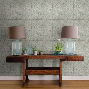 Show details for Susanna Teal Vintage Tin Tile Wallpaper