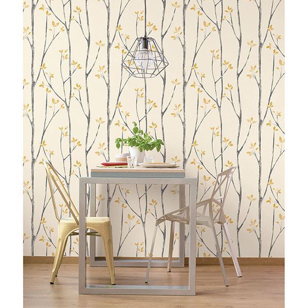 UW24776 Ingrid Mustard Scandi Tree Wallpaper by Brewster