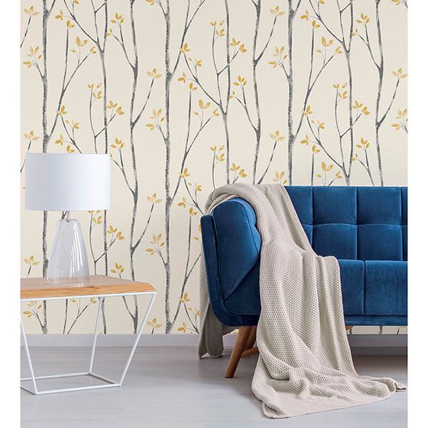 UW24776 Ingrid Mustard Scandi Tree Wallpaper by Brewster