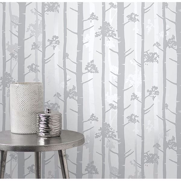 Fine Decor Charcoal Grey Birch Trees Forest Themed Feature Wallpaper SAMPLE 