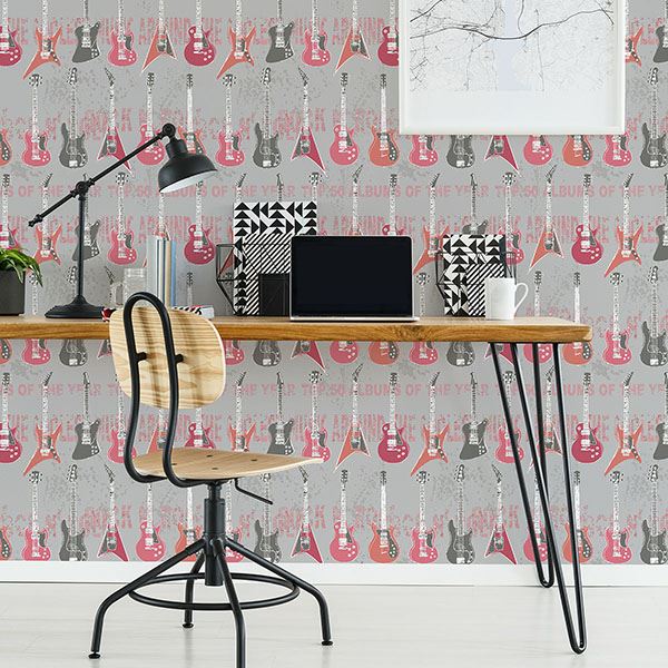 HN002636 Richards Pink Rock Star Guitar Stripe Wallpaper by Brewster