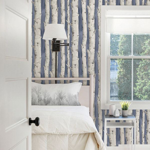 3118-12604 - Pioneer Denim Birch Tree Wallpaper - by Chesapeake