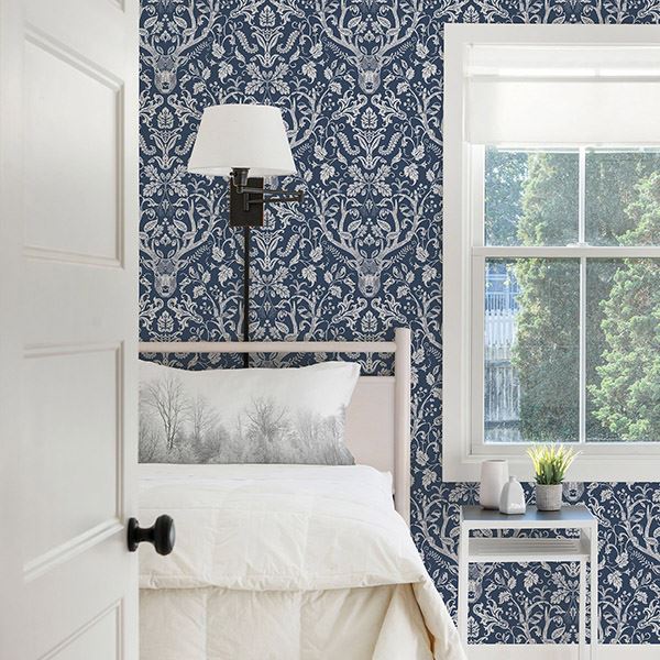 311812703 Kiwassa Navy Antler Damask Wallpaper by Chesapeake