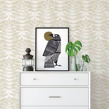 Show details for Akira Beige Leaf Wallpaper