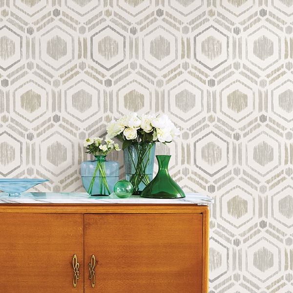 2901-25434 - Borneo Light Grey Geometric Grasscloth Wallpaper - by A