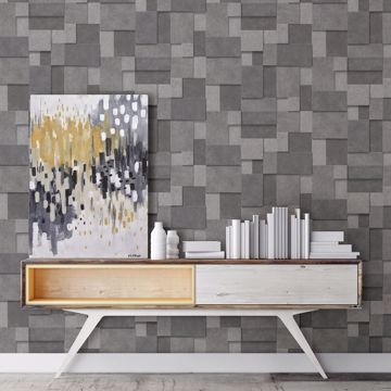 Show details for Duchamp Dark Grey Metallic Squares Wallpaper