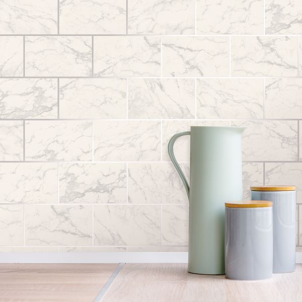 M1509 - Mirren Off-White Marble Subway Tile Wallpaper - by Crown