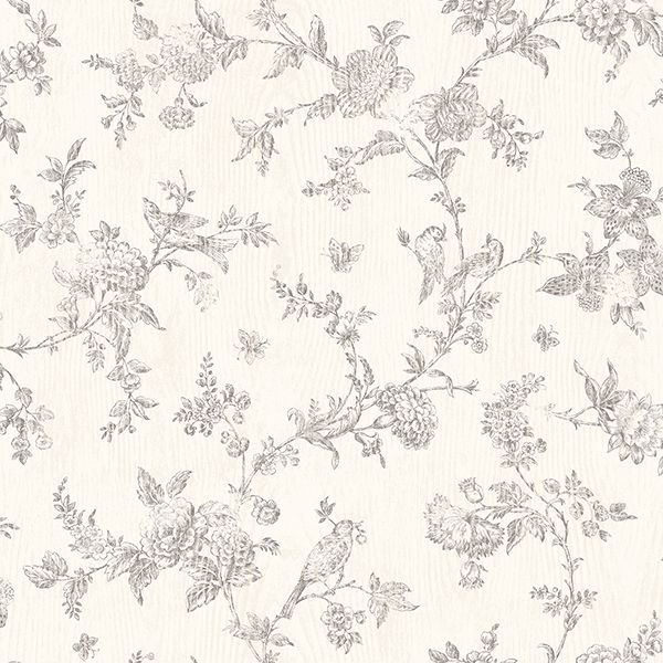 Picture of French Nightingale Taupe Floral Scroll Wallpaper
