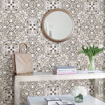 Show details for Black Florentine Tile Peel and Stick Wallpaper