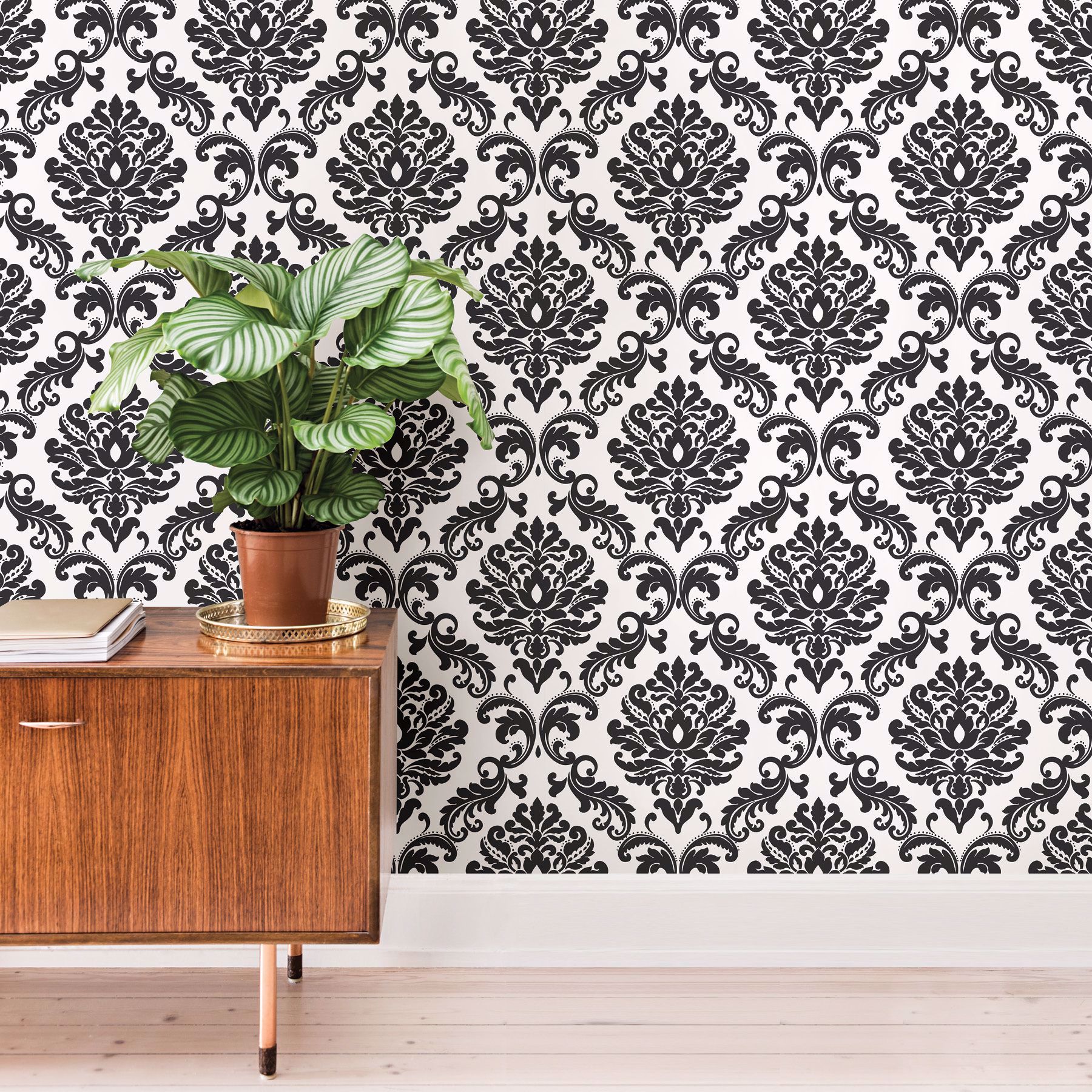 Ariel Black and White Damask Peel And Stick Wallpaper