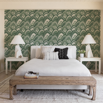 Show details for Cabarita Green Art Deco Flocked Leaves Wallpaper