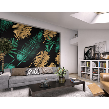 Show details for Emerald Green and Gold Palm Leaves Wall Mural