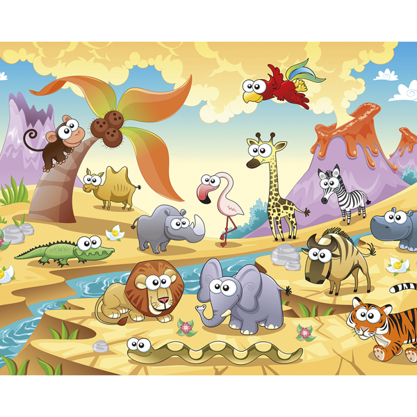 WALS0455 - African Cartoon Animals With Volcanoes Wall Mural - by OhPopsi