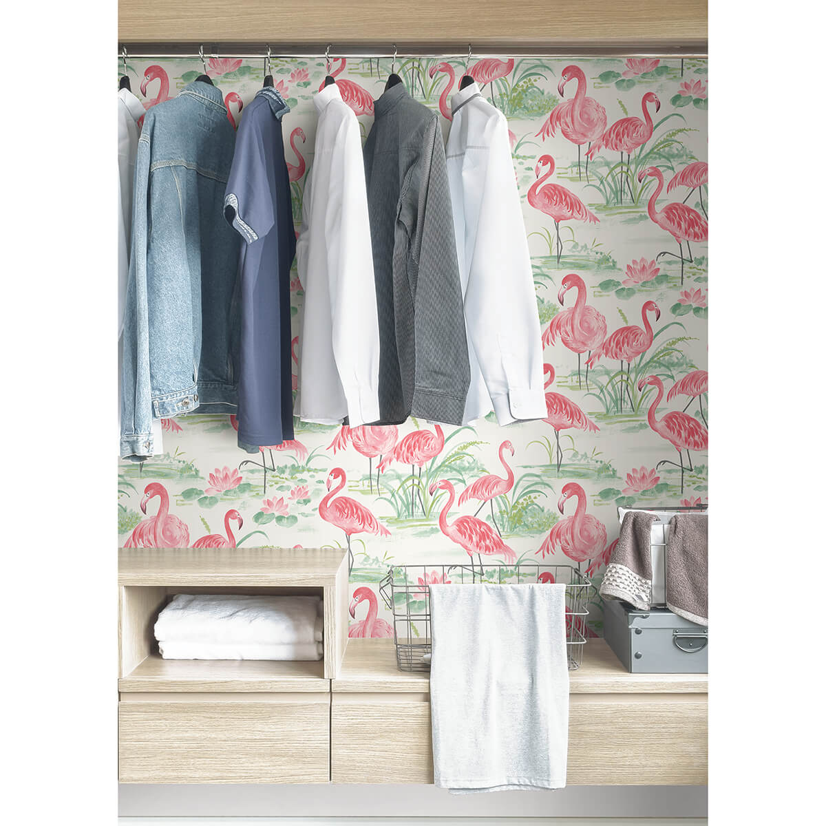 NUS3679 - Pink Flamingo Beach Peel and Stick Wallpaper - by NuWallpaper