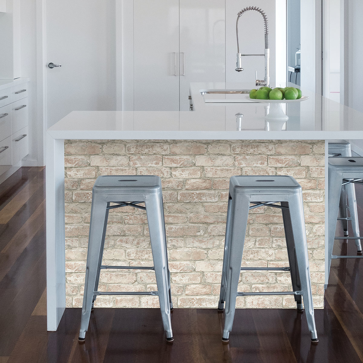 peel and stick whitewashed brick backsplash
