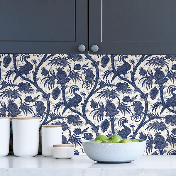 SCS3874 - Indigo Balinese Peacock ScalamandrÃ© Self Adhesive Wallpaper