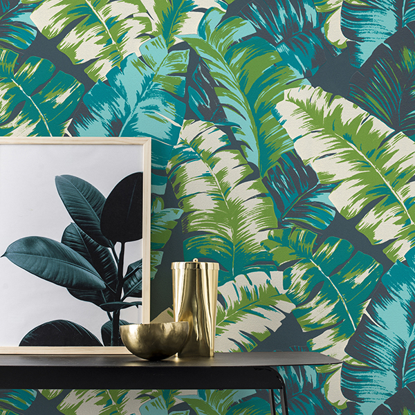 RH535655 - Pisang Navy Palm Leaf Wallpaper - by Rasch