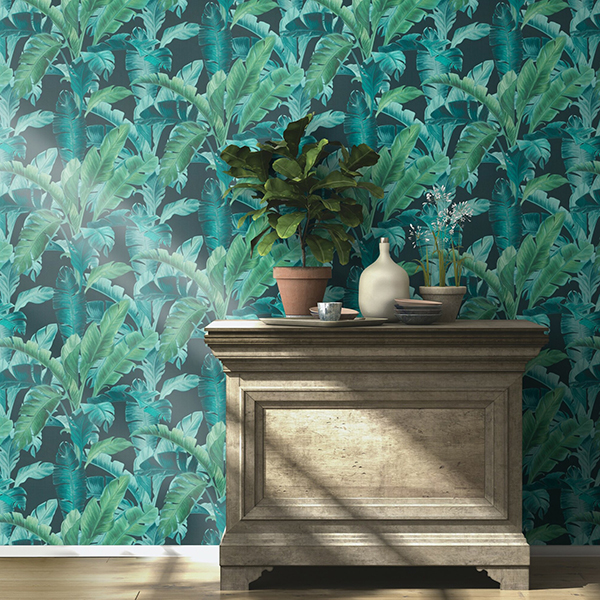 RH536690 - Orissa Dark Blue Palm Frond Wallpaper - by Rasch