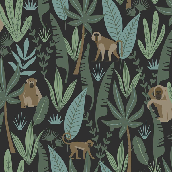 DD139074 - Macaque Dark Green Monkeys Wallpaper - by ESTA Home