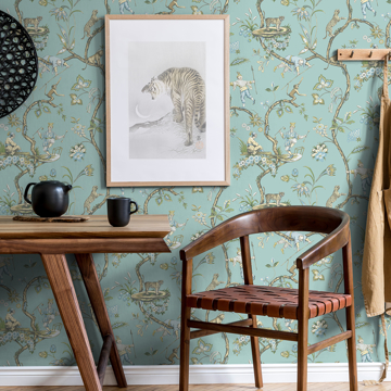 Show details for Robin Egg Chinoise Exotique Scalamandre Self Adhesive Wallpaper