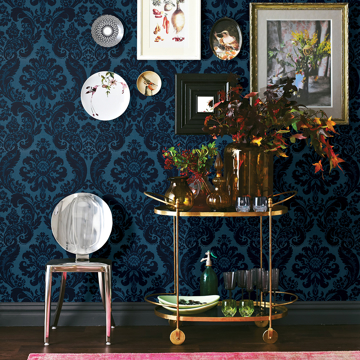 Show details for Shadow Blue Flocked Damask Wallpaper