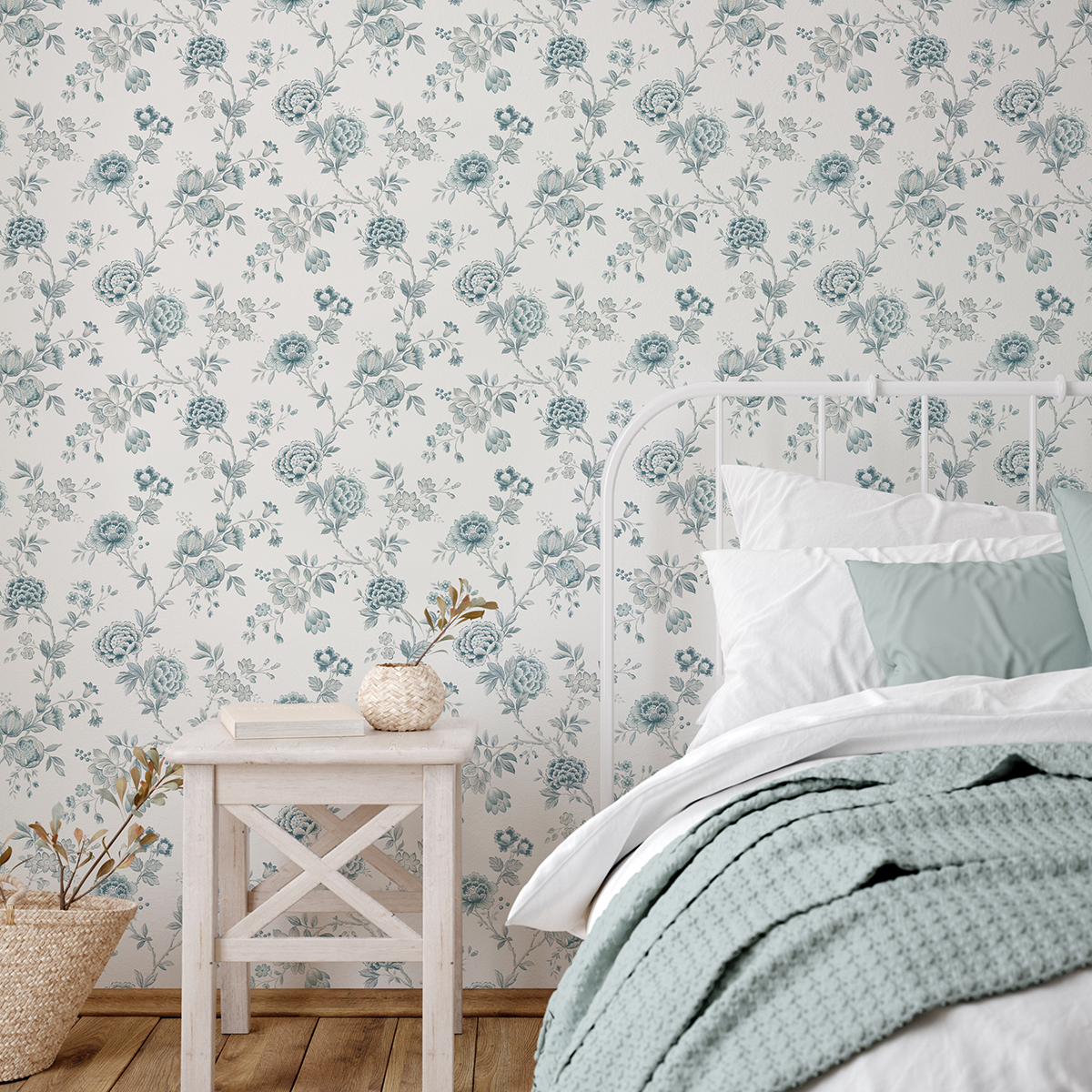 3123-02215 - Chrysanthemum Teal Jacobean Wallpaper - by Chesapeake