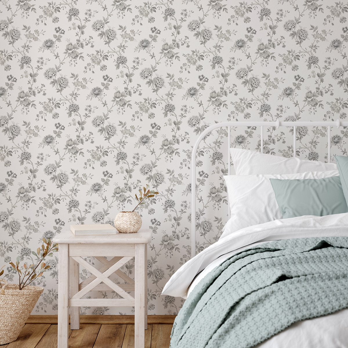 3123-02216 - Chrysanthemum Grey Jacobean Wallpaper - By Chesapeake