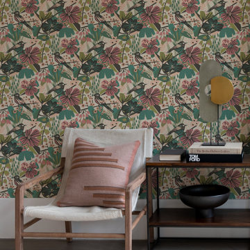 Show details for Teal Pink Jaybird Peel and Stick Wallpaper