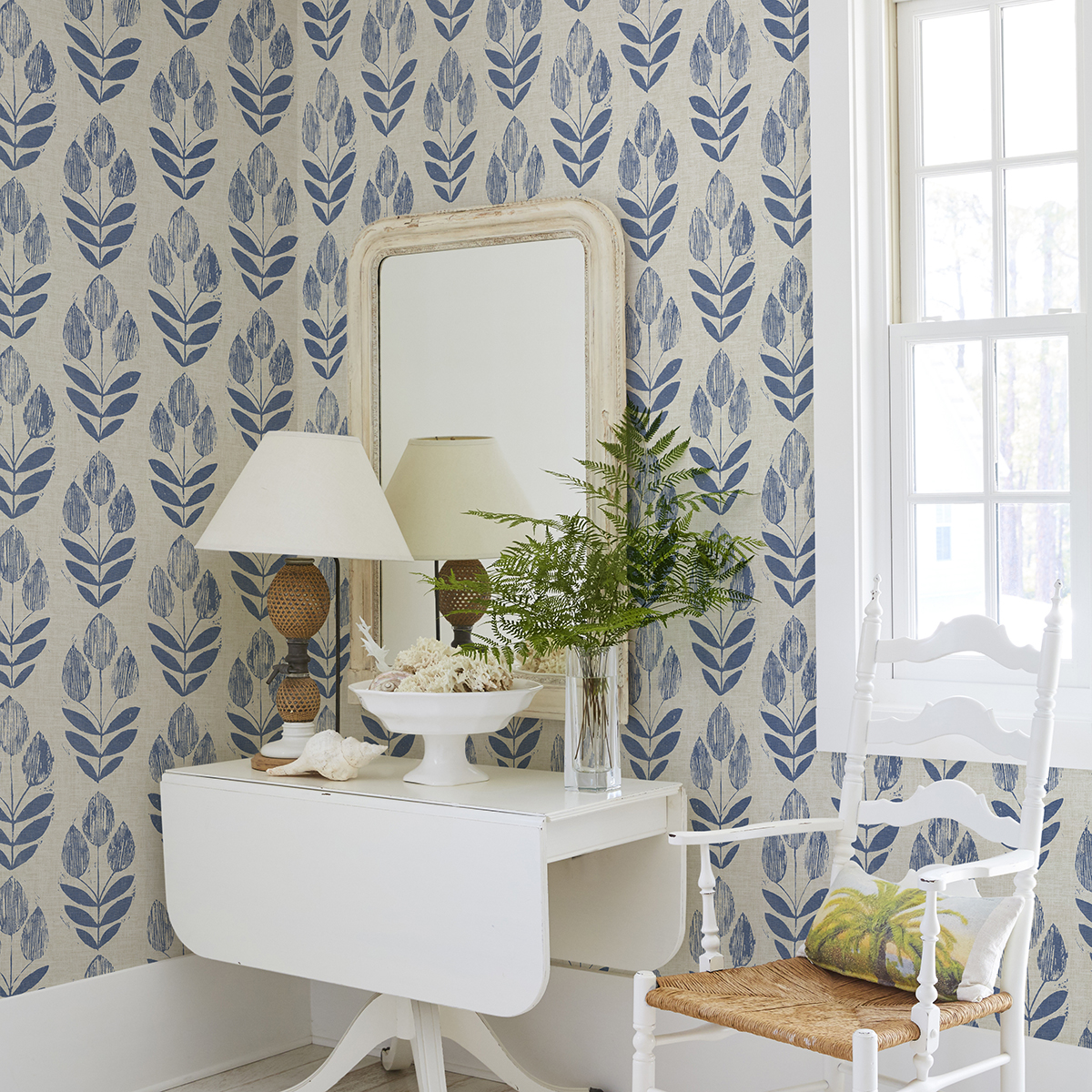 NUS4288 - Blue Folk Tulip Peel and Stick Wallpaper - by NuWallpaper