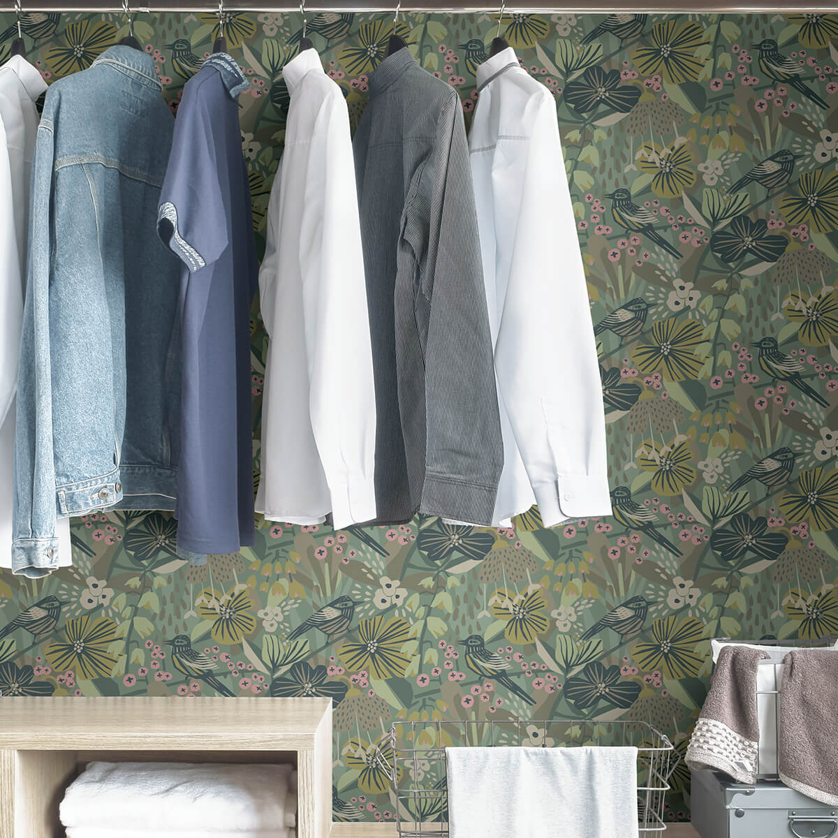 Pip & Lo Grey Aqua Jaybird Peel & Stick Wallpaper - Botanical Bird Pattern, 20.5" X 18' Roll