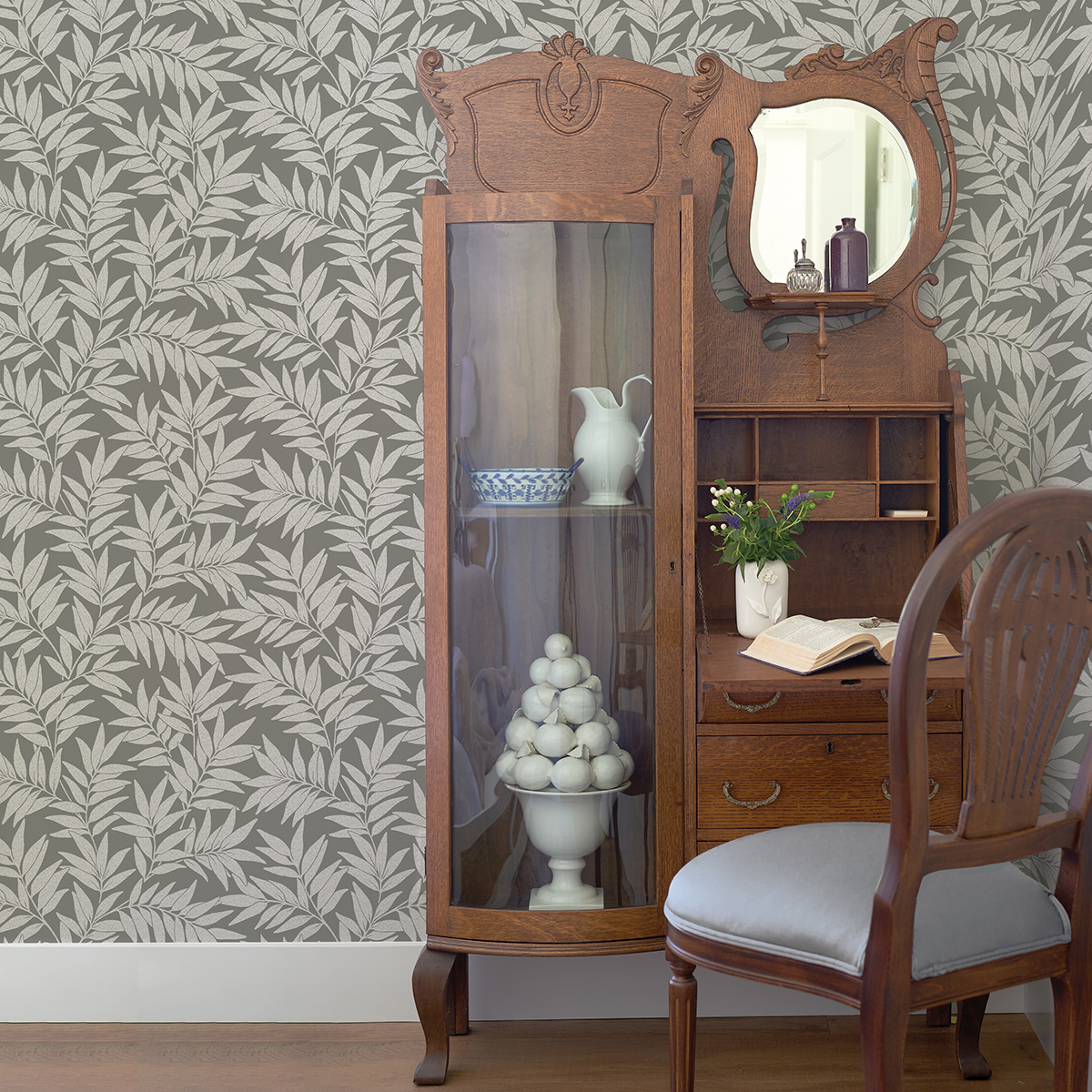 297026123 Morris Dark Grey Leaf Wallpaper by AStreet Prints