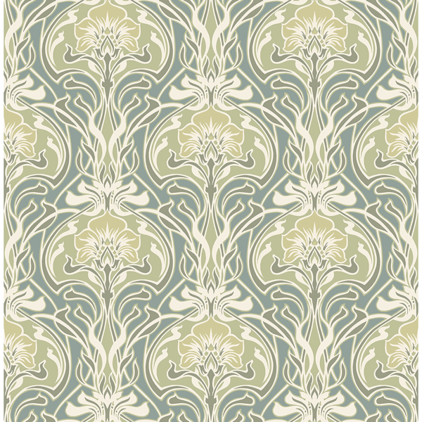 Picture of Mucha Teal Botanical Ogee Wallpaper
