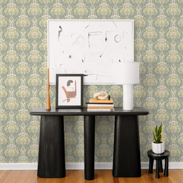Show details for Mucha Teal Botanical Ogee Wallpaper
