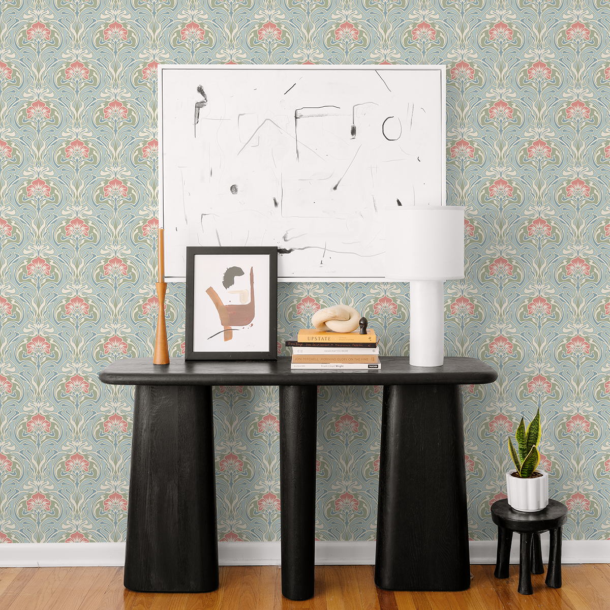 297026152 Mucha Light Blue Botanical Ogee Wallpaper by AStreet Prints