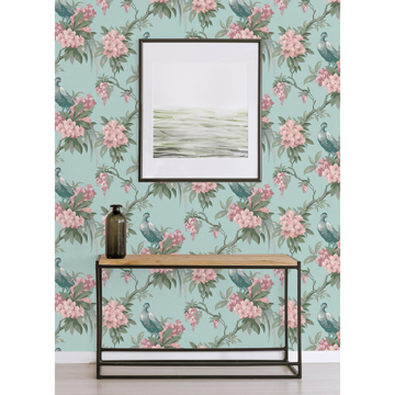 Show details for Golden Pheasant Aqua Floral Wallpaper