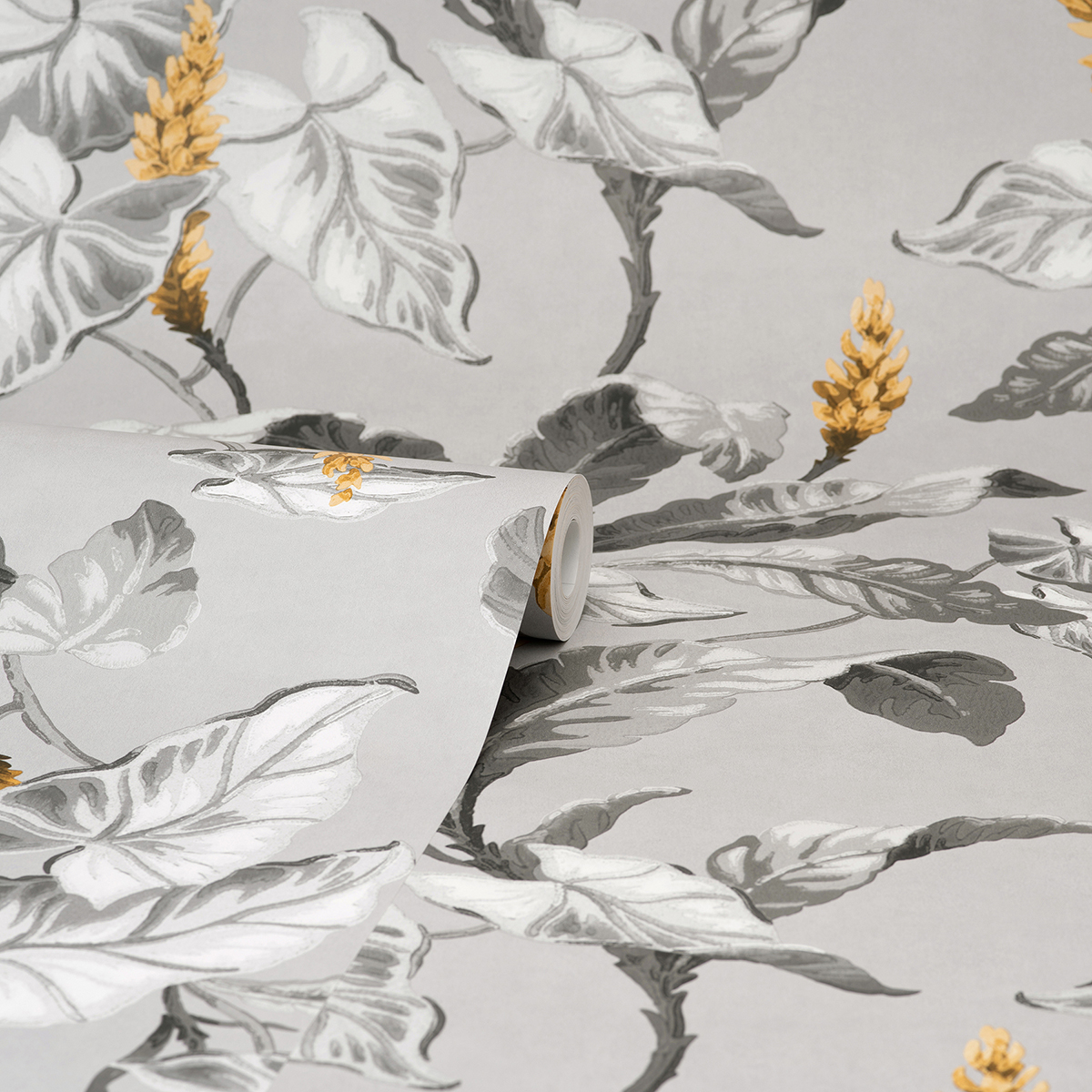 M1691 Meridian Parade Grey Tropical Leaves Wallpaper by Brewster