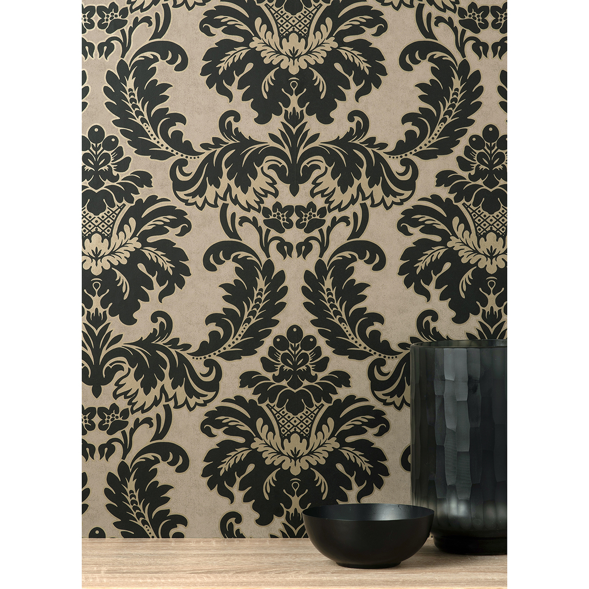 M1703 Windsor Black Damask Wallpaper by Brewster