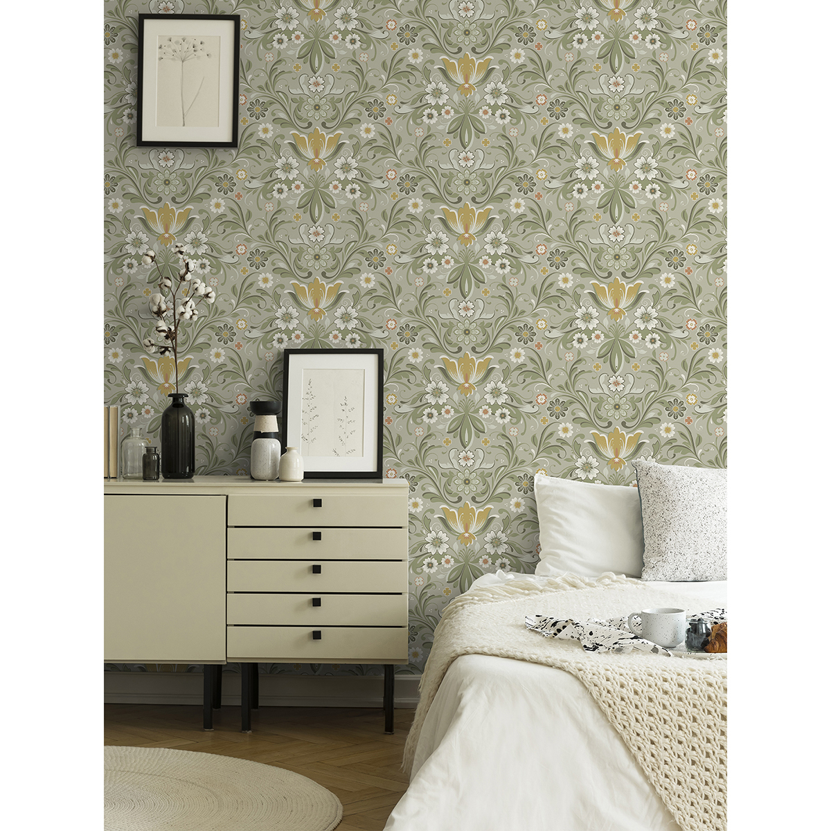 299924113 Ostanskar Green Retro Floral Wallpaper by AStreet Prints