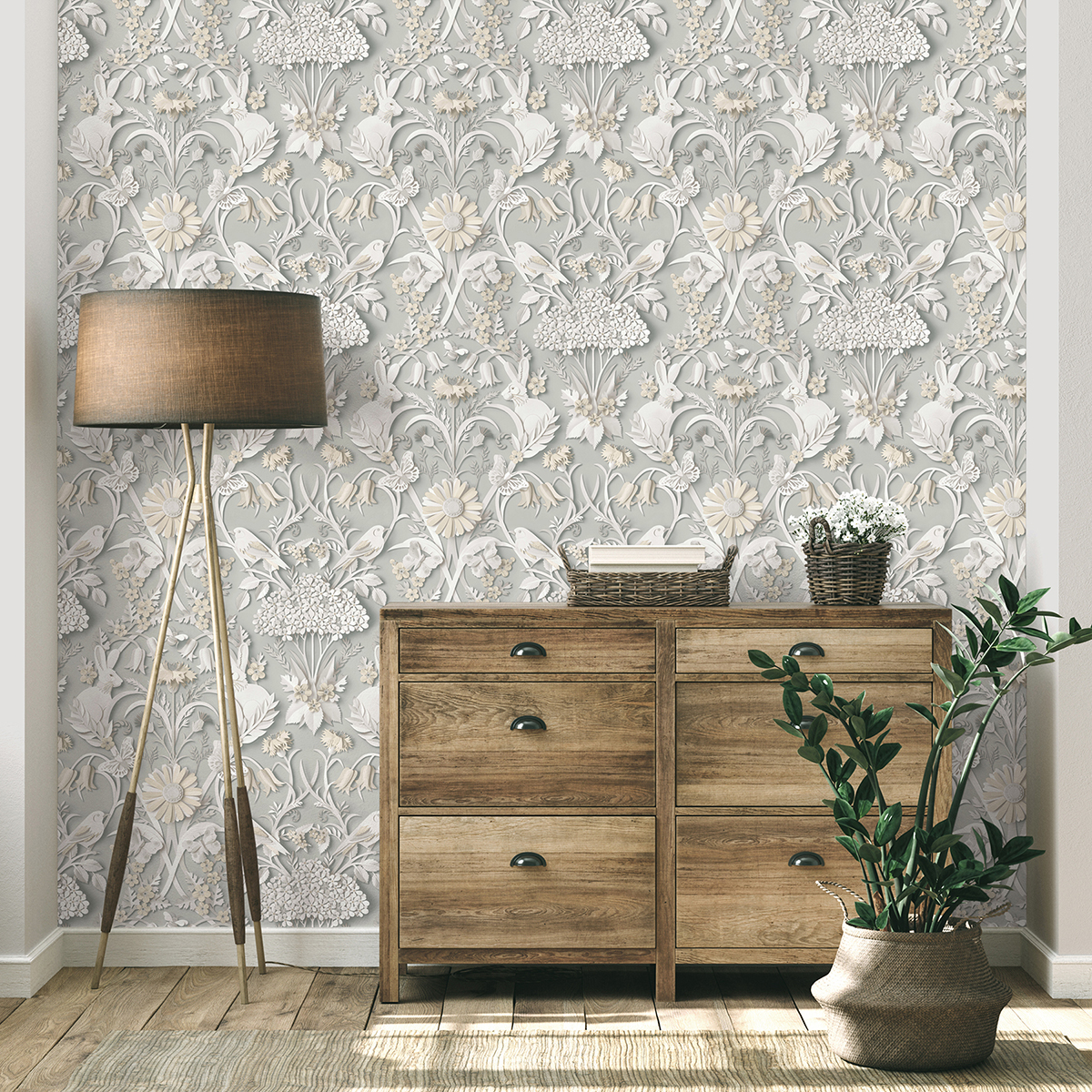FD42952 Fae Light Grey Woodland Wallpaper by Fine Décor
