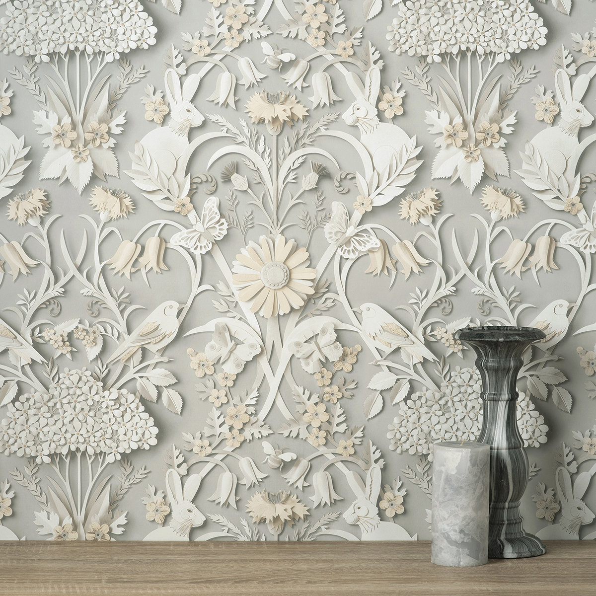 FD42952 Fae Light Grey Woodland Wallpaper by Fine Décor
