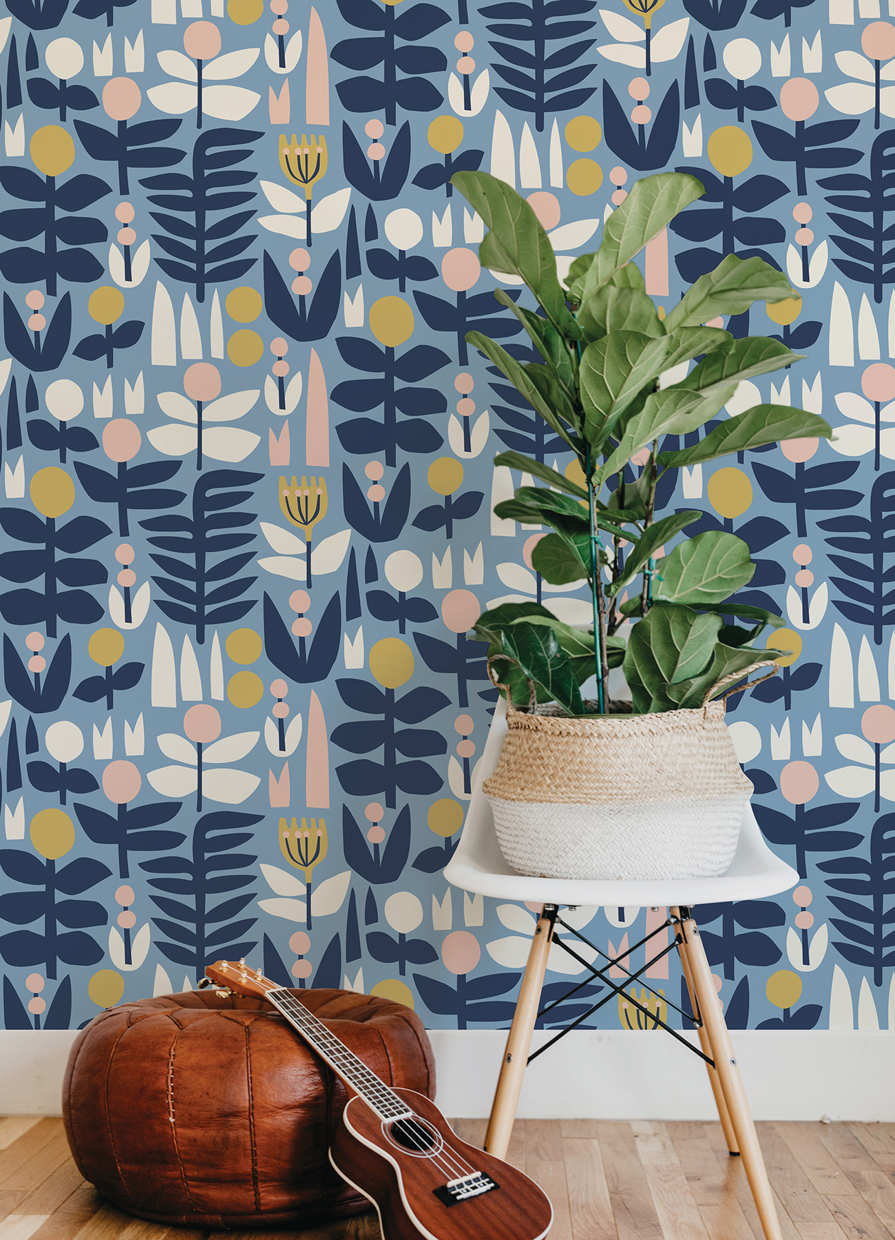 LDS4579 - Blue A Bit Of Folk Flower Peel and Stick Wallpaper - by Leah